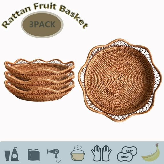 Rattan Fruit Basket for Kitchen Bathroom Bedroom,Storage Organization Basket,Boho Home Decor, Table Centerpiece Decorative Bowl,3PCS,12"X12"X2.3"