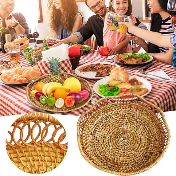 Rattan Fruit Basket for Serving, Round Handwoven Wicker Fruit Baskets, Woven Bread Tray for Cake Kitchen Counter Table, Natural, 9.0x9.0x2.0"