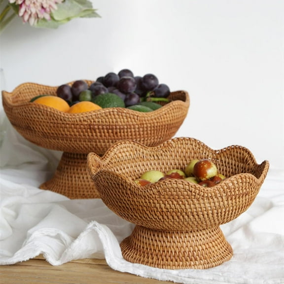 Rattan Fruit Bowl Bread Basket Woven Footed Bowl Pedestal Plate Dessert Display Platter Snack Serving Dish Tabletop Organizing for Table Centerpiece Kitchen Counter