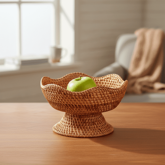 Rattan Fruit Bowl Footed Decorative Basket for Kitchen Counter, Hand-Woven Farmhouse Style Produce Holder for Table & Home Decor