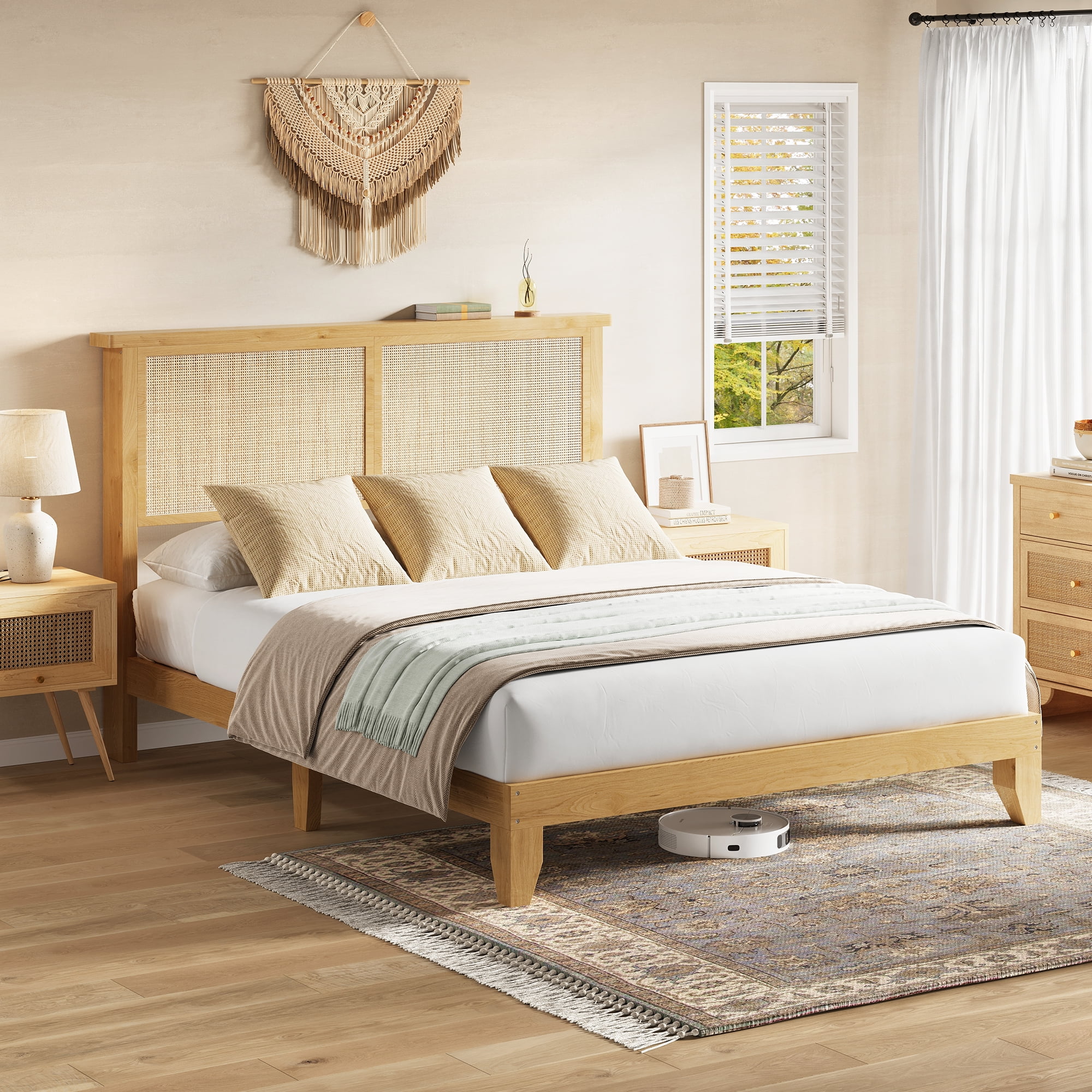 Rattan Full Bed Frame, Full Size Bed Frame with Natural Rattan Headboard, Platform Bed Frame with LED Lights, Under Bed Storage and Wooden Legs Support, Noise-Free, No Box Spring Needed