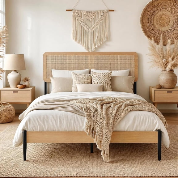 Rattan Full Bed Frame with Headboard, Boho Full Platform Beds, Natural Woven Rattan Headboard, Heavy Duty Slat Support Platform, No Box Spring Needed, Under Bed Storage, Noise Free, Easy Assembly