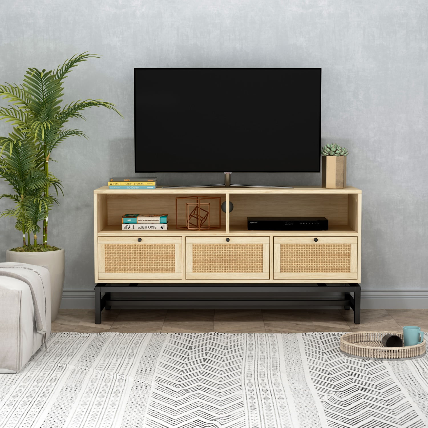 Rattan Furniture Console Table with Metal Bracket, TV Stand with 2 Storage Shelf and 3 Drawer
