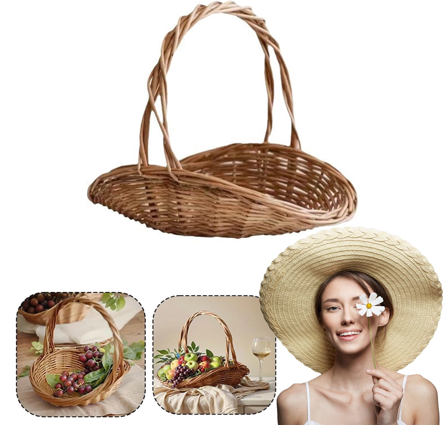 Rattan Garden Baskets for Gathering Vegetables, Mini Picnic Basket with Handle, Multipurpose Harvest Basket Woven Easter Basket for Fruits , Rustic Woven Picnic Basket with Handle(S)