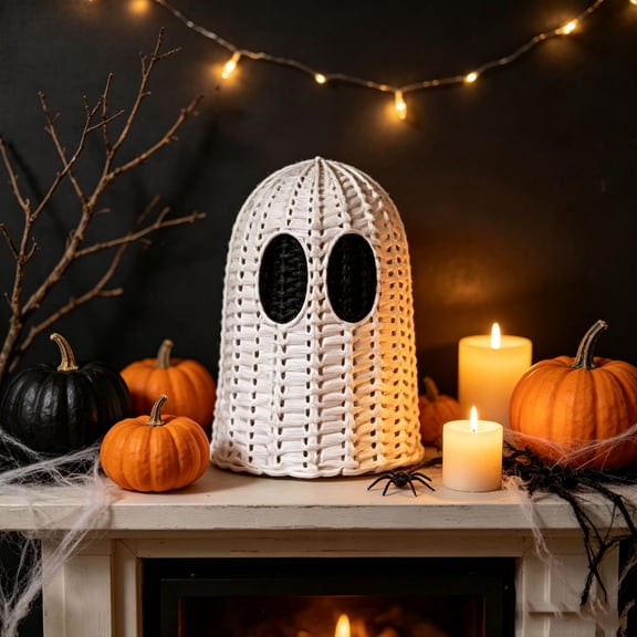 Rattan Ghost Ornament, Handwoven Halloween Decor, Boho Tabletop Accent, Displays Textured Woven Pattern and Adds Soft Spooky Charm for Mantel Shelf, Coffee Table, and Entryway Console.
