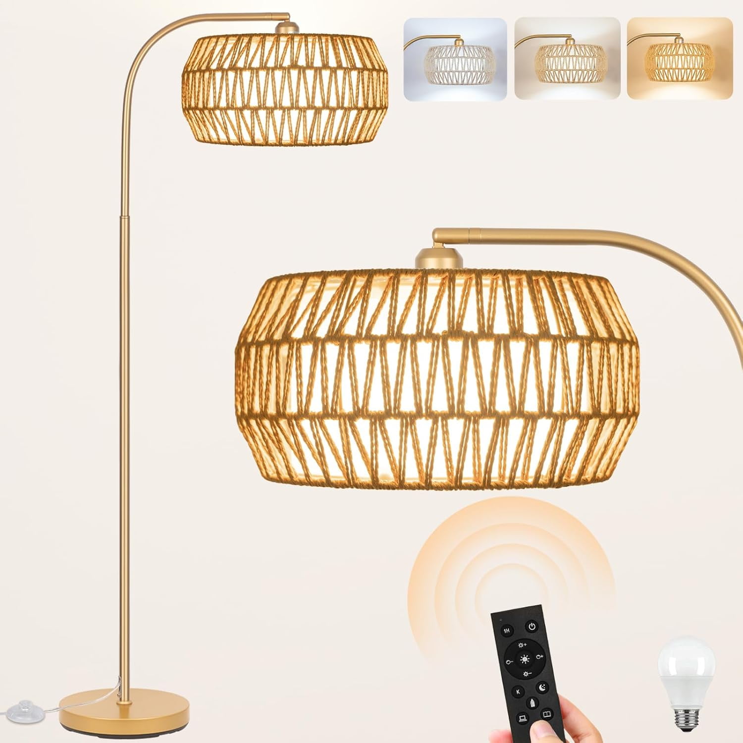 Rattan Gold Floor Lamp- Boho Lamp with Stepless Dimmable Bulb, Mid ...