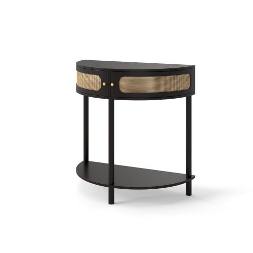 Rattan Half Moon Entryway Table - Semicircular Black Oak & Cane with Brass Knobs - Console Table with Cane Doors & Storage for Narrow Curved Entryway