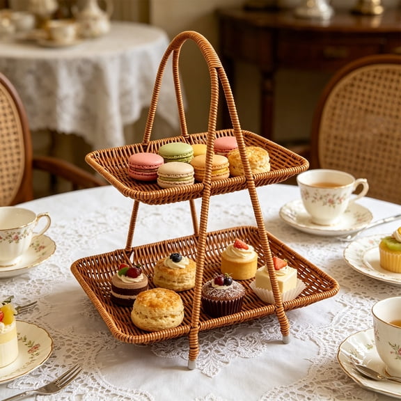 Rattan Handled Serving Basket 1/2/3 Tier Wicker Snack Tray Rectangular Woven Food Display Stand for Cupcake Macaron Fruit Tea Party Home Kitchen Decor Gift