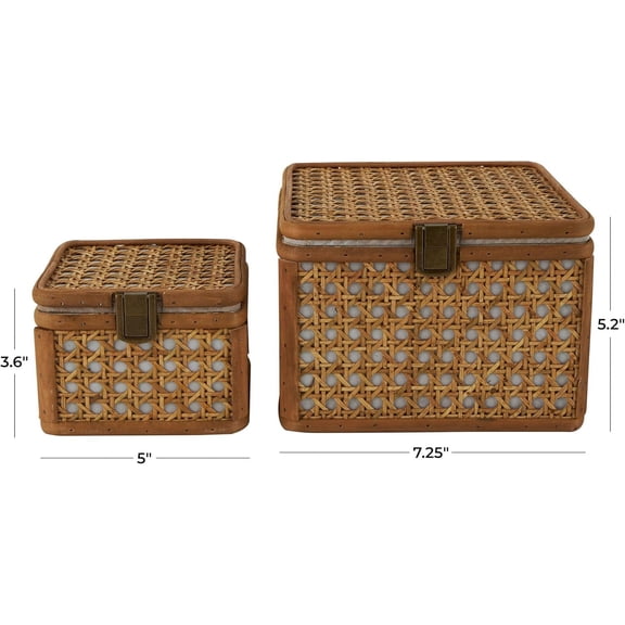 Rattan Handmade Decorative Box Set of 2 - Natural Brown Storage Boxes with Bronze Latches, 7" x 5"