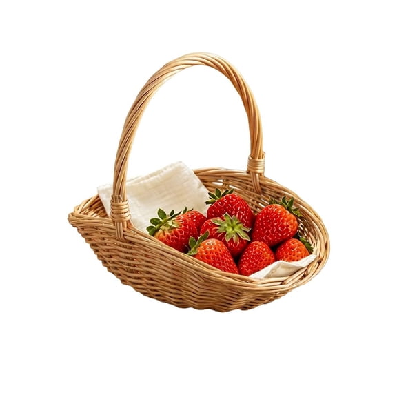 Rattan Harvest Basket with Handle Woven Picnic Fruit Vegetable Gathering, Compact Portable Multipurpose Handled Basket for Farmhouse Decor, Outdoor Picnic, Grocery Carry and Household Organization