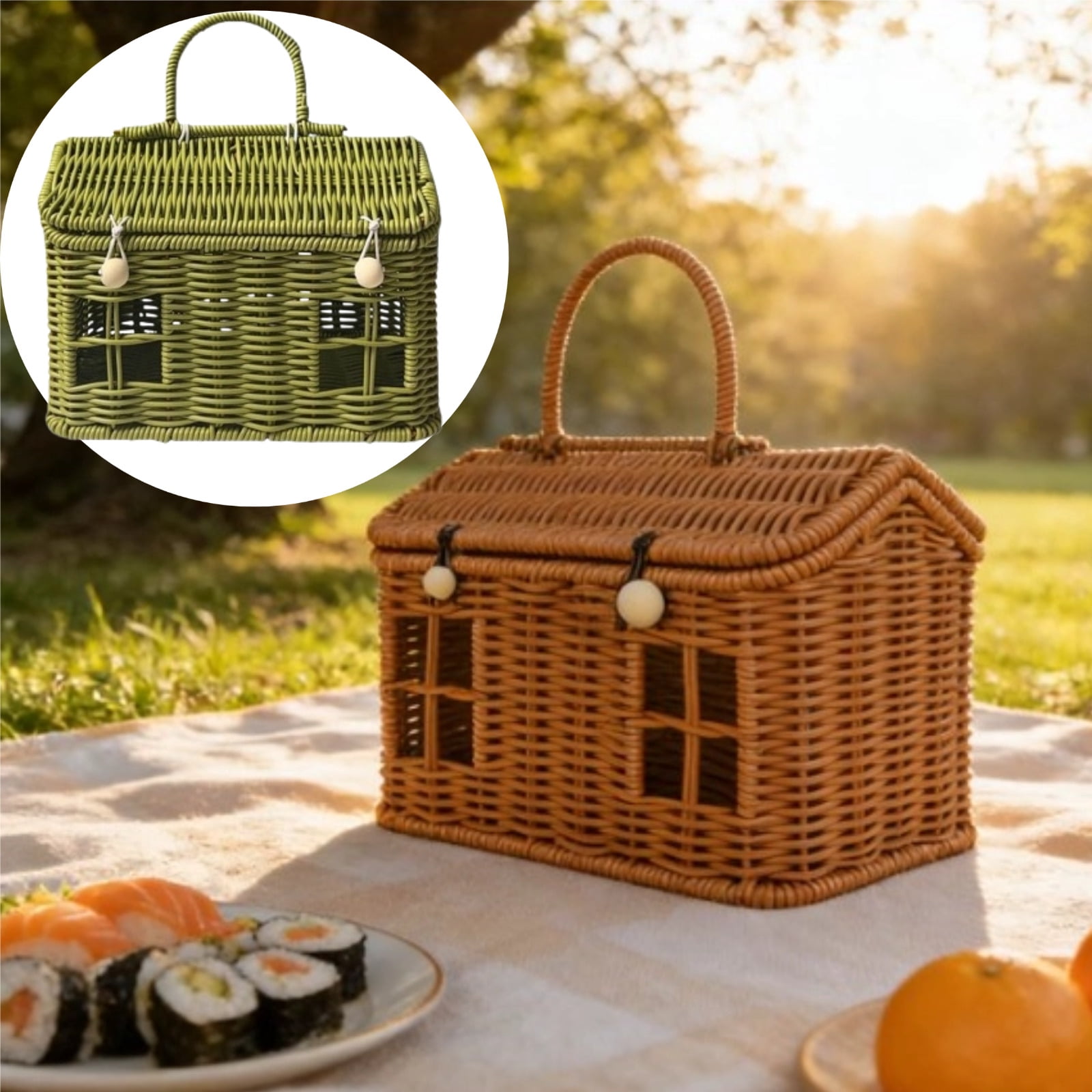 Rattan House Shaped Basket With Lid, Decorative Hand Woven Shelf Organizer With Folding Handle, Harvest Wicker Basket For Picnics, Easter, Organizing, Storage Coffee,Green