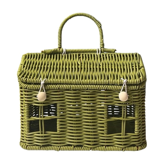 Rattan House Shaped Basket with Lid, Decorative Hand Woven Shelf Organizer with Folding Handle, Harvest Wicker Basket for Picnics, Easter, Organizing, Storage(Green)