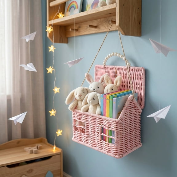 Rattan House Shaped Basket with Lid, Decorative Hand Woven Shelf Organizer Folding Handle, Harvest Wicker