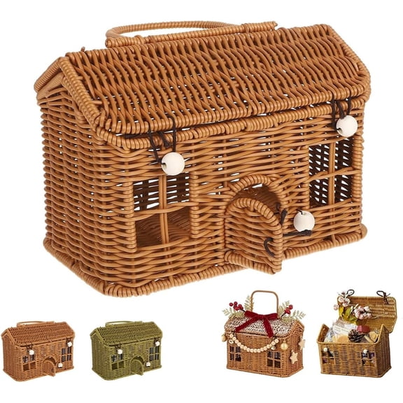 Rattan House Storage Basket with Lid, Handheld Wicker Organizer Bin, Decorative House-Shaped Container for Snacks Toys Picnic Home Decor