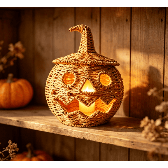 Rattan Jack O Lantern, Handcrafted Battery Operated Illuminated Wicker Pumpkin Light, Farm Style Autumn Entryway Home Decoration