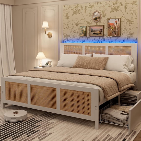 Rattan King Bed Frame with LED Headboard (7 Colors), Boho Cane Platform Bed with 4 Large Drawers, Metal Slats Support, No Box Spring Needed, White