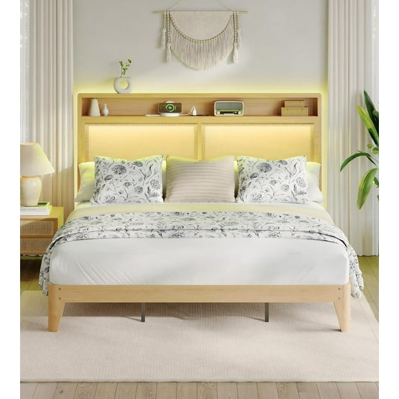 Rattan King Size Bed Frame with LED Lights, Boho Wood Bed Frame with Storage Headboard & Charging Station, Silent Slats, No Box Spring Needed