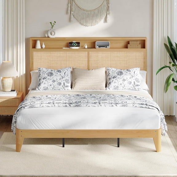 Rattan King Size Metal Bed Frame with LED Lights - Natural Rattan Headboard, Built-in Charging Area, RGB LED Lighting, Durable & Silent Design