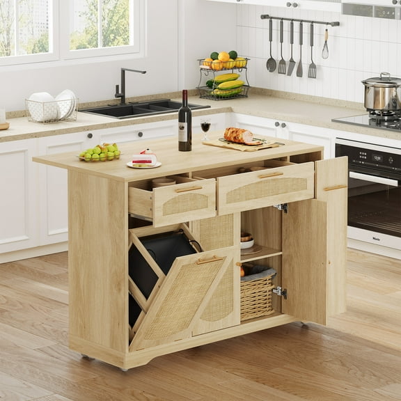 Rattan Kitchen Island Cart with Drop Leaf, 53.1” Wide on Wheels, Features Tilt-Out Trash Bin, 2 Doors, 2 Drawers & Spice Rack, Natural Finish Mobile Cart