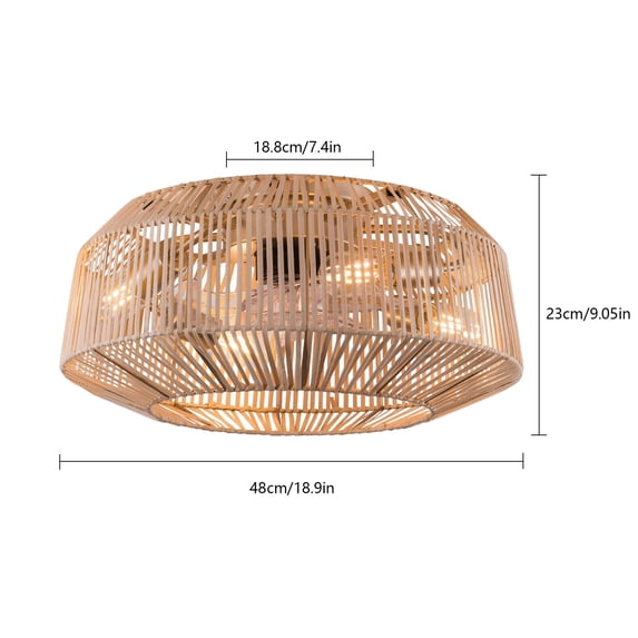 Rattan LED Chandelier 18.5" Bladeless Caged Ceiling Fan Light +6 Speeds & Remote