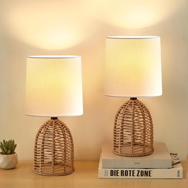 Rattan Lamp Boho Lamps Set of 2 - Mini Farmhouse Table Lamp Rustic End ...