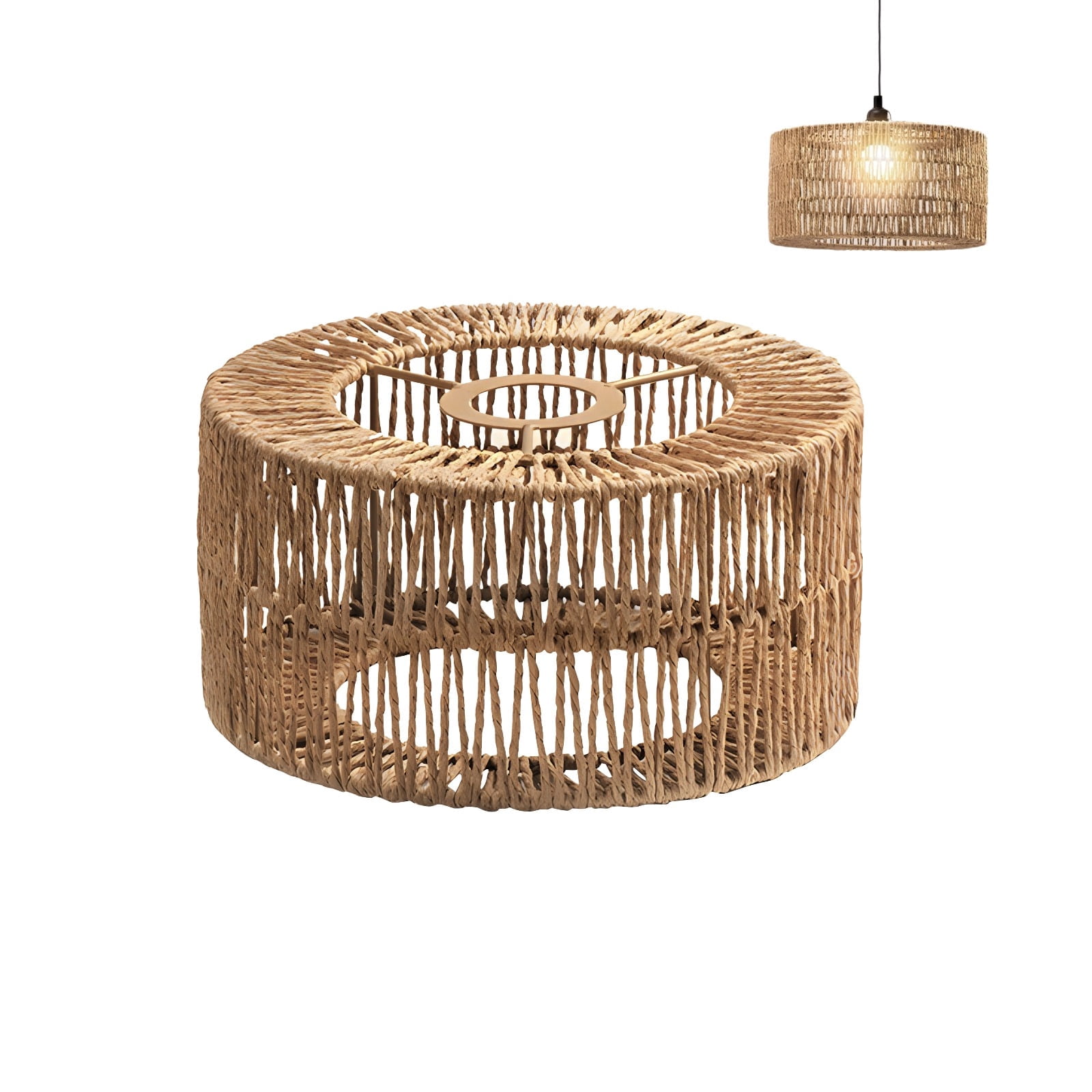 Rattan Lamp Shade, Bohemian Cylinder Lampshade, Rustic Paper Rope Light Cover, Floor Lamp Cover for Living Rooms, Cafes, Restaurants, Tea Rooms, Easy Installation