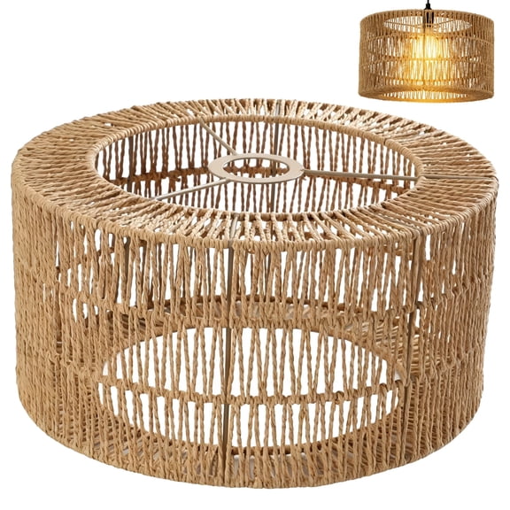 Rattan Lamp Shade, Large Bohemian Cylinder Lampshade, Rustic Paper Rope Light Cover, Floor Lamp Cover for Living Rooms, Cafes, Restaurants, Tea Rooms, Easy Installation