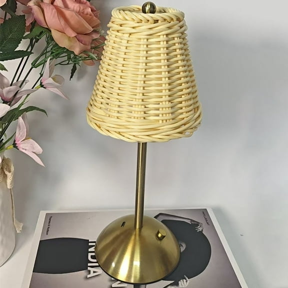 Rattan Lamp,Tall Table Lamp,Rattan Table lamp,Rattan Shade, for Bedside Restaurant Resort Hotel Dining Table,Rattan Gold-Tone Indoor Table Lamp With Touch Dimmer LED Portable(A)