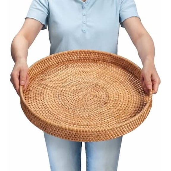 Rattan Large Serving Tray, Wicker Round Fruit/Bread Serving Basket, Extra Large Decorative Ottoman Tray for Living Room, Coffee Table, Breakfast, 16.9 inch