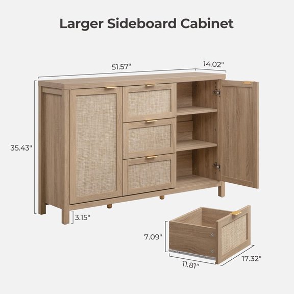 Rattan Large Sideboard Buffet Cabinet with Storage - Boho Coffee Bar Storage Cabinet with 3 Drawers and 2 , Console Table Credenza for Living Room, Kitchen, Hallway, Light Oak (2 Pieces)