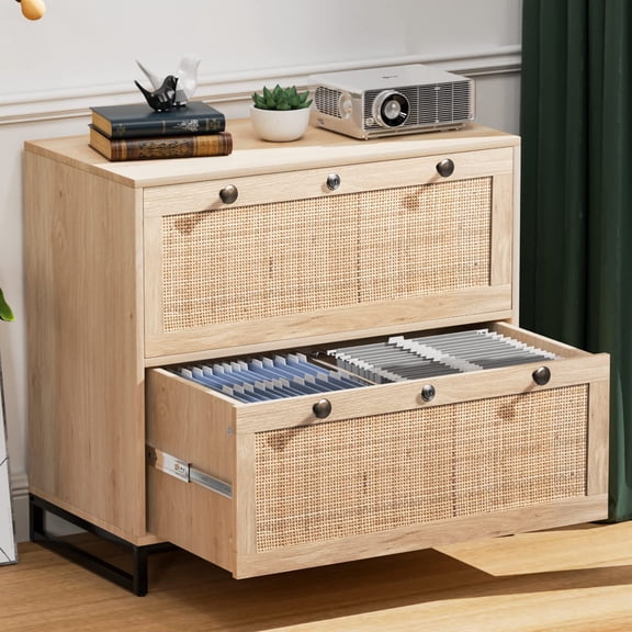 Rattan Lateral File Cabinet, 2 Drawer Locking File Cabinet for Home Office, Wood Grain Cabinet with Rustic Metal Handles, For Hanging Letter A4 Legal Files, Printer Stand, Oak