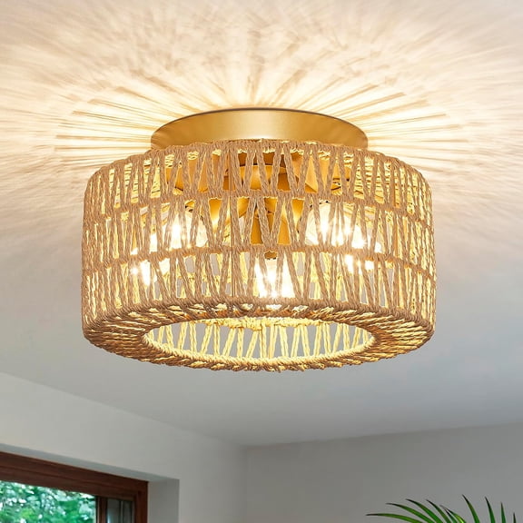 Rattan Light Fixtures Ceiling Mount, 3-Lights Boho Flush Mount Ceiling Light, Hand-Woven Cage Shade Lamp Lighting, Rustic Rattan Chandelier for Hallway Bedroom Kitchen Farmhouse Foyer Entryway (Gold)