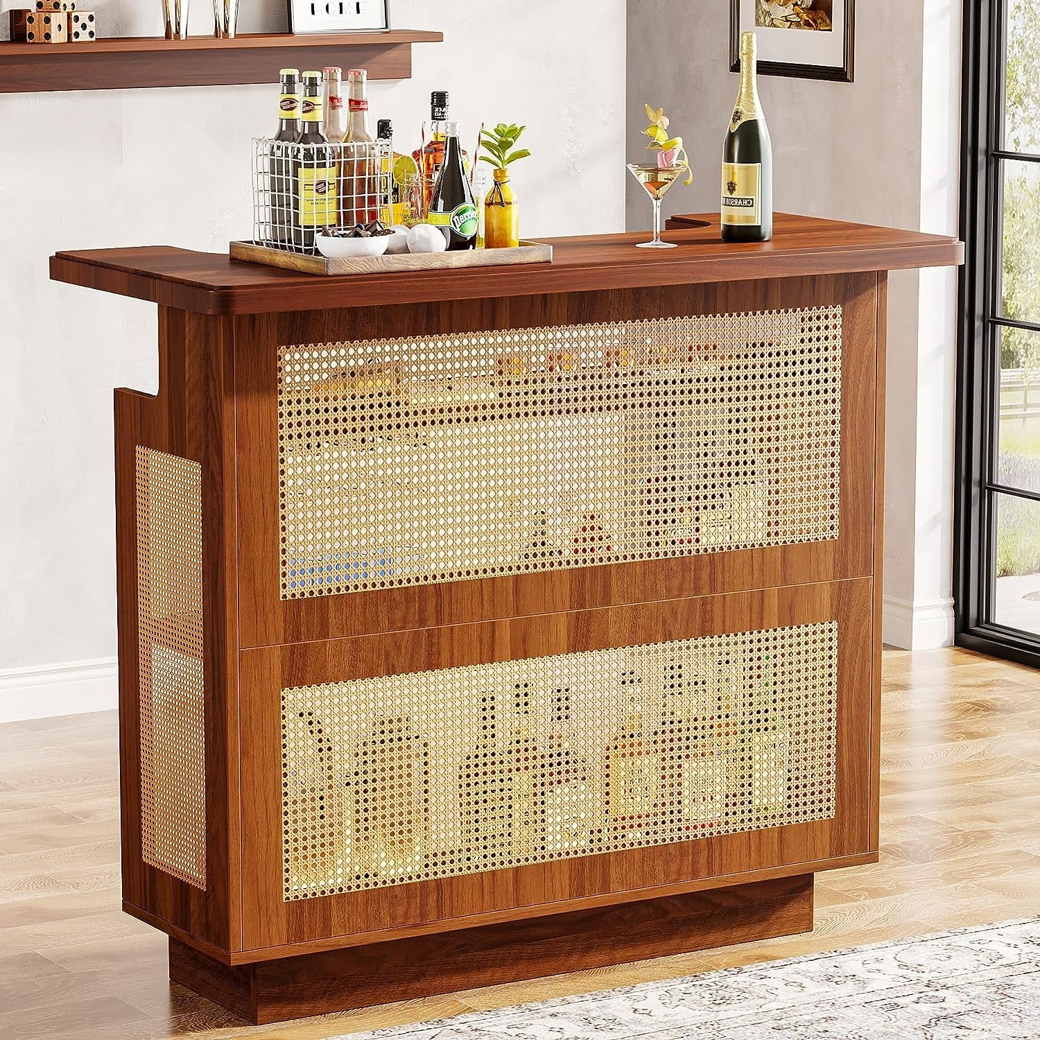 Farmhouse Brown Rattan Mini Bar Table with Wine Racks