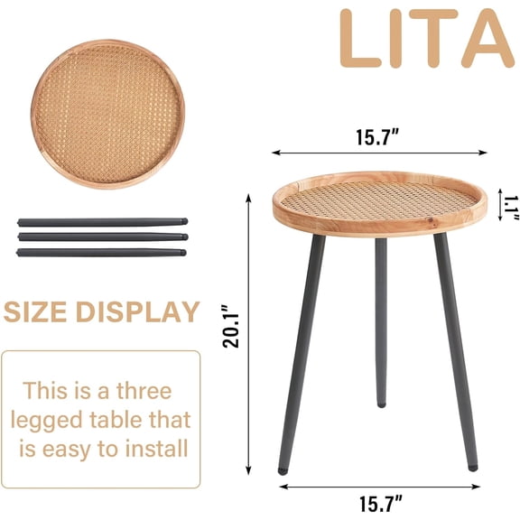 Rattan Log Desktop Round Side End Table, Nightstand Small Tables Indoor Outdoor Wooden Tray with Metal Stand for Living Room Bedroom Office
