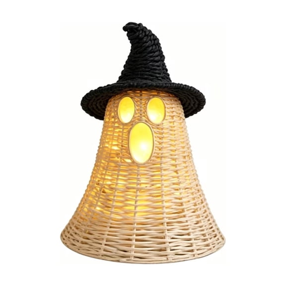 Rattan Look Ghost Lamp Shade with Witch Hat, Plastic Wicker Ghost Tabletop Ornament, Halloween Decor Storage Basket for Mantel Shelf Porch Entryway Fall Decor, Bulb Not Included by XSAOP