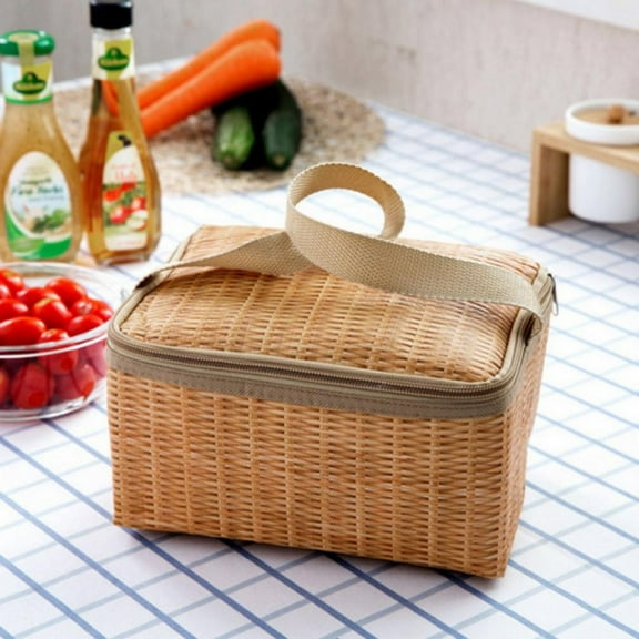 Rattan Lunch Bag Portable Picnic Basket with Zipper Closure Waterproof Shockproof Thermal Cooler Insulated Bento Box Carry Tote Picnic Bags Storage Container, 8.66in x 5.5in x 4.72in