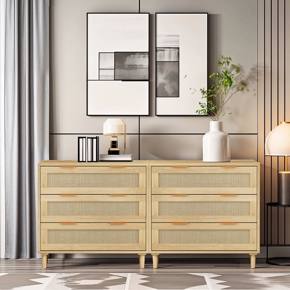 Rattan & MDF Material, Set of 2 - Easy Pull-Out Drawers for Storage - Dining Room, Hallways - Store Daily Items Neatly