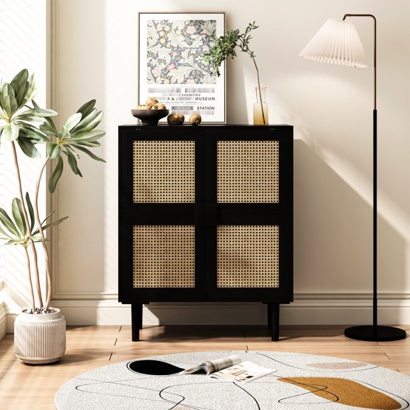 Rattan Mesh Decorated 4-Door Sideboard / Enhances Interior Design