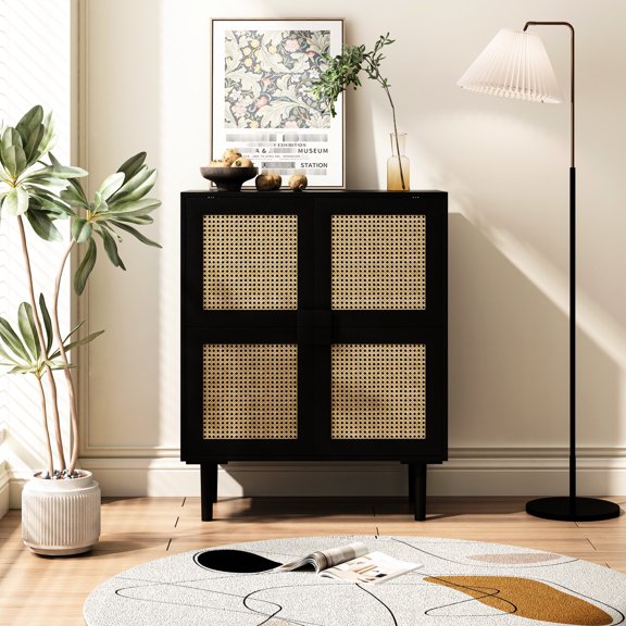 Rattan Mesh Decorated 4 - Doors Storage | In Bedroom or Hallway | MDF and Reasonable Load - bearing | Keep Storage Organized