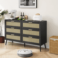 thumbnail image 1 of Rattan Modern Drawer Chest, Modern 6 Drawer Dresser, Wide Chest of Drawers with wood Handles, Rattan Dresser Storage Cabinet for Living Room, Bedroom (Black), 1 of 8