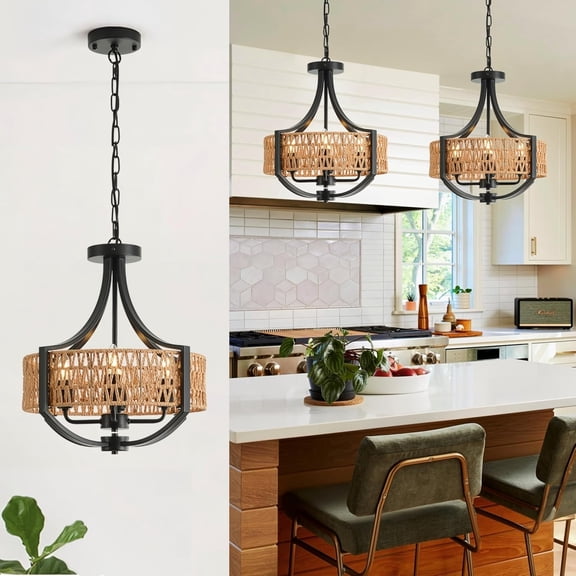 Rattan Modern Farmhouse Chandelier Small, 16.5" 4 Lights Boho Pendant Light with Hand Woven Wicker Shade, 4-Light Rustic Interior Ceiling Light Fixture for Foyer Hallway Entryway Kitchen Island
