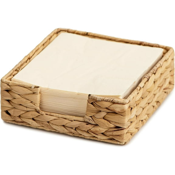 Rattan Napkin Holders for Table, Water Hyacinth Napkin Serving Tray, 7" x 7" x 2.6" Farmhouse Wicker Baskets,Square Tabletop Decor Storage Tray for Restaurant Dinner