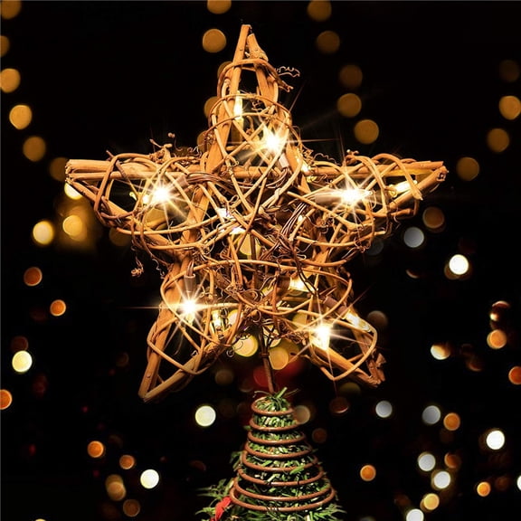 Rattan Natural Christmas Star Tree Topper, Lighted Up Christmas Tree Topper 15 LED Batteries Powered String Lights for Xmas Treetop Decorations