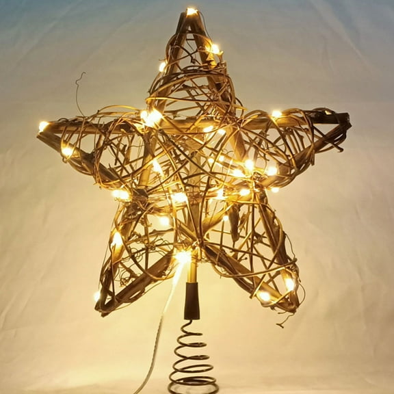 Rattan Natural Star Christmas Tree Topper - Rustic Farmhouse Xmas Treetop with Warm LED Lights for Indoor Christmas Tree Decorations Holiday Seasonal Decor