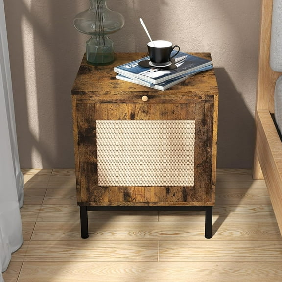 Rattan Night Stand, Modern Farmhouse Pattern Side Table, End Table with Tray, Sofa Table with Storage Shelf for Entryway, Bedroom, Living Room, Brown