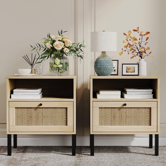 HoopieHome Modern Rattan Nightstands with Doors Open Storage, Set of 2
