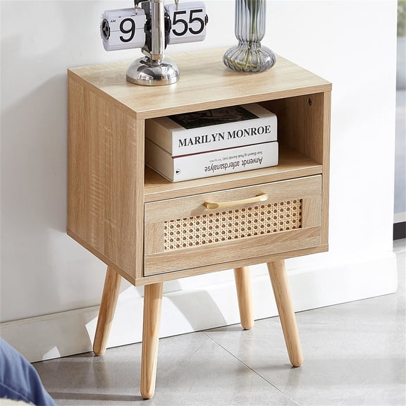 Rattan Nightstand, 15.75" Bedside Table with Drawer and Solid Wood Legs, Wood End Table for Bedroom, Natural