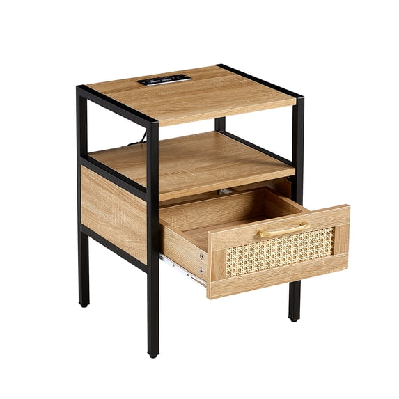 Rattan Nightstand, 15.75" Rattan End Table, Rattan Wood End Side Accent Table Nightstand w/Charging Station, Cane End Table w/Drawer, Metal Legs & Adjustable PVC Feet, Farmhouse Small Side Table