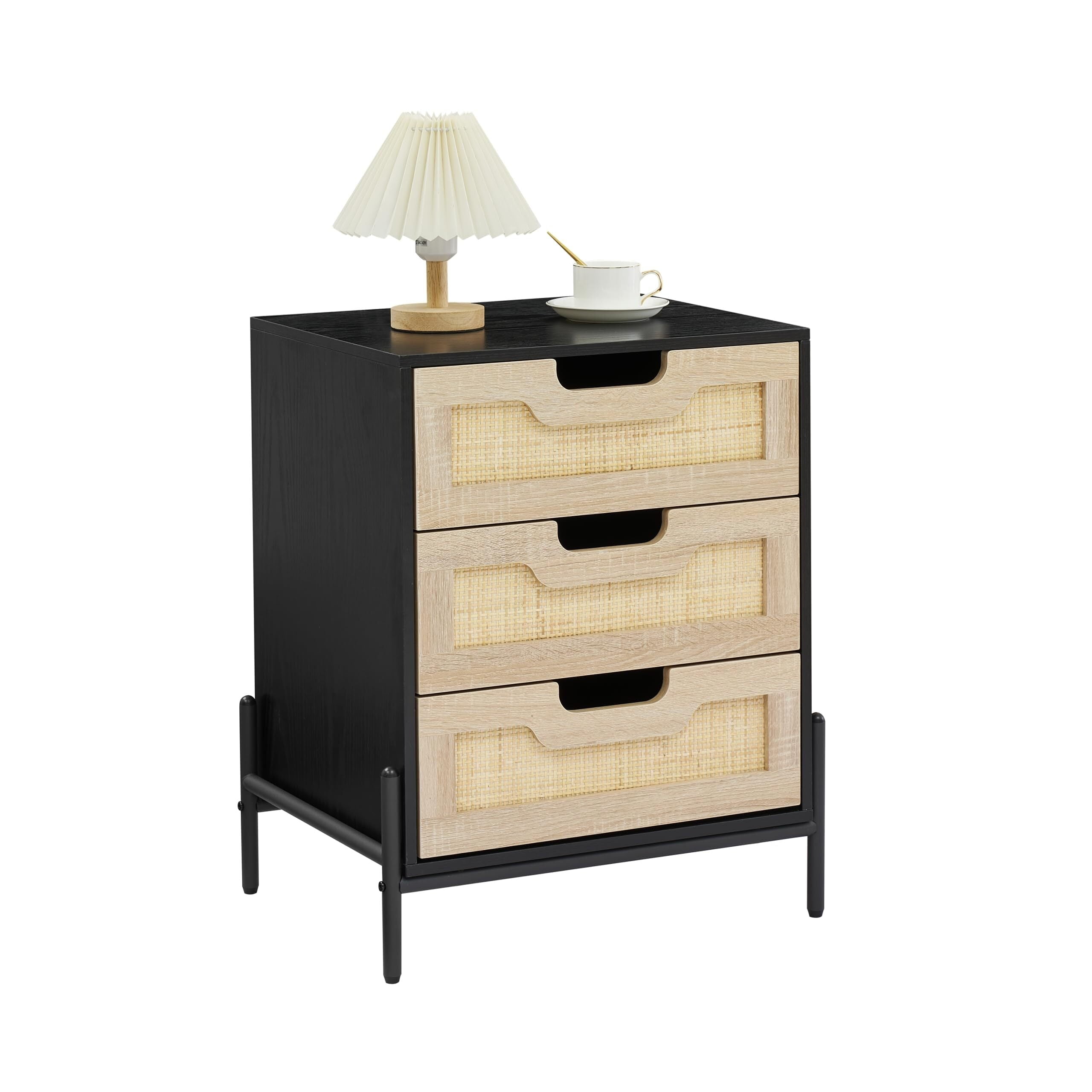 Black and Natural Rattan 3-Drawer Nightstand with Metal Legs