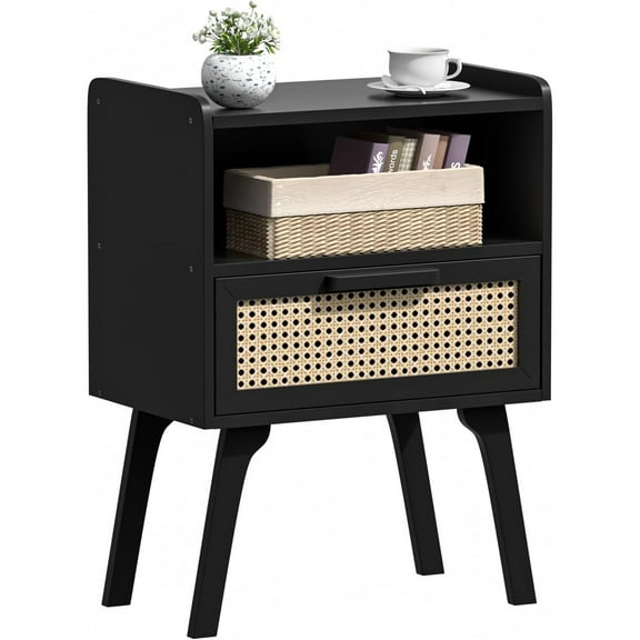 Rattan Nightstand, Bedside Table with Drawer Open Shelf, Cane Accent Side End Table with Solid Wood Legs, Black Mid Century Night Stand for Bedroom, Dorm and Small Spaces